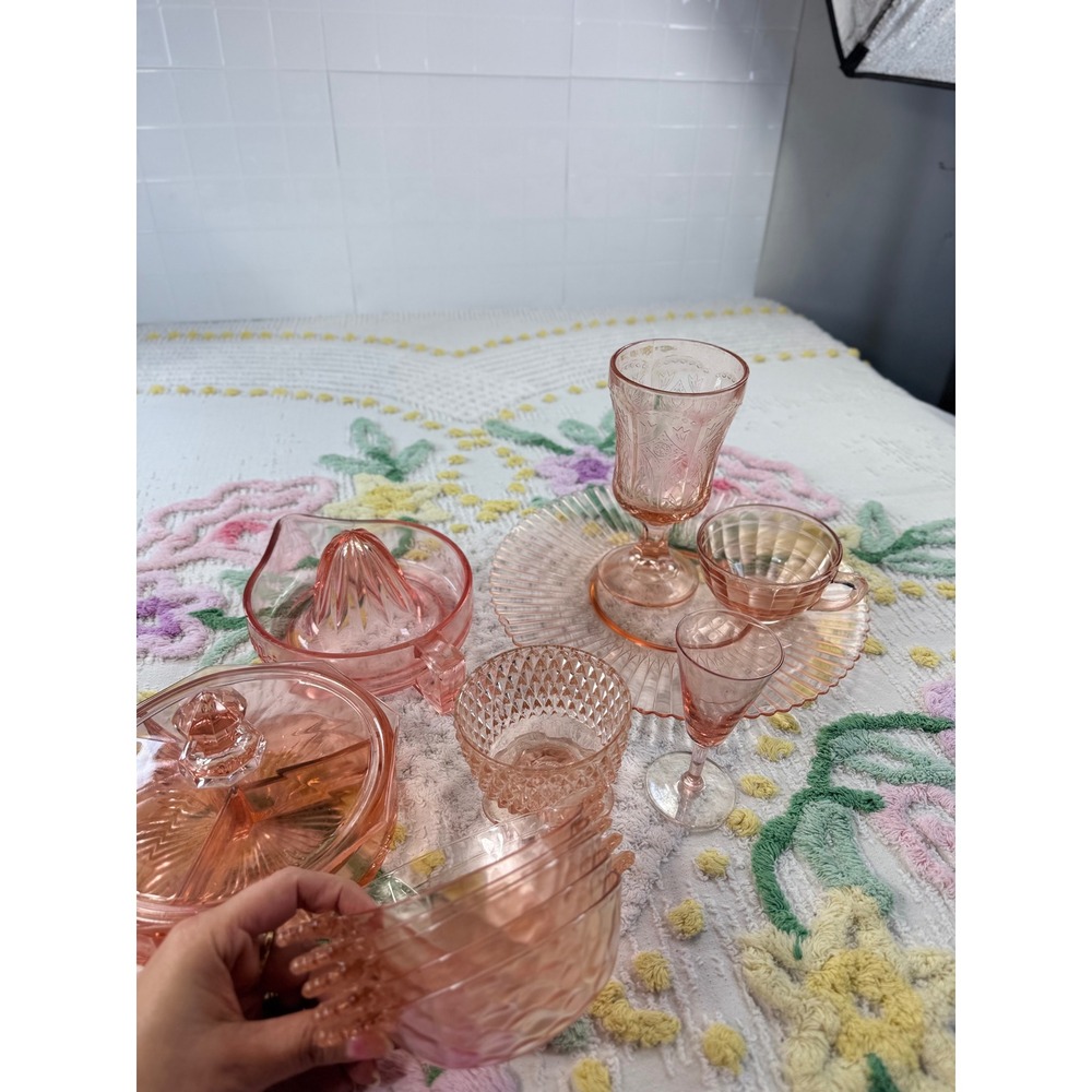 Vintage Pink Depression Glass Set Gilbert Clock Sunkist Juicer Candy Dish 13 pc - Picture 9 of 16